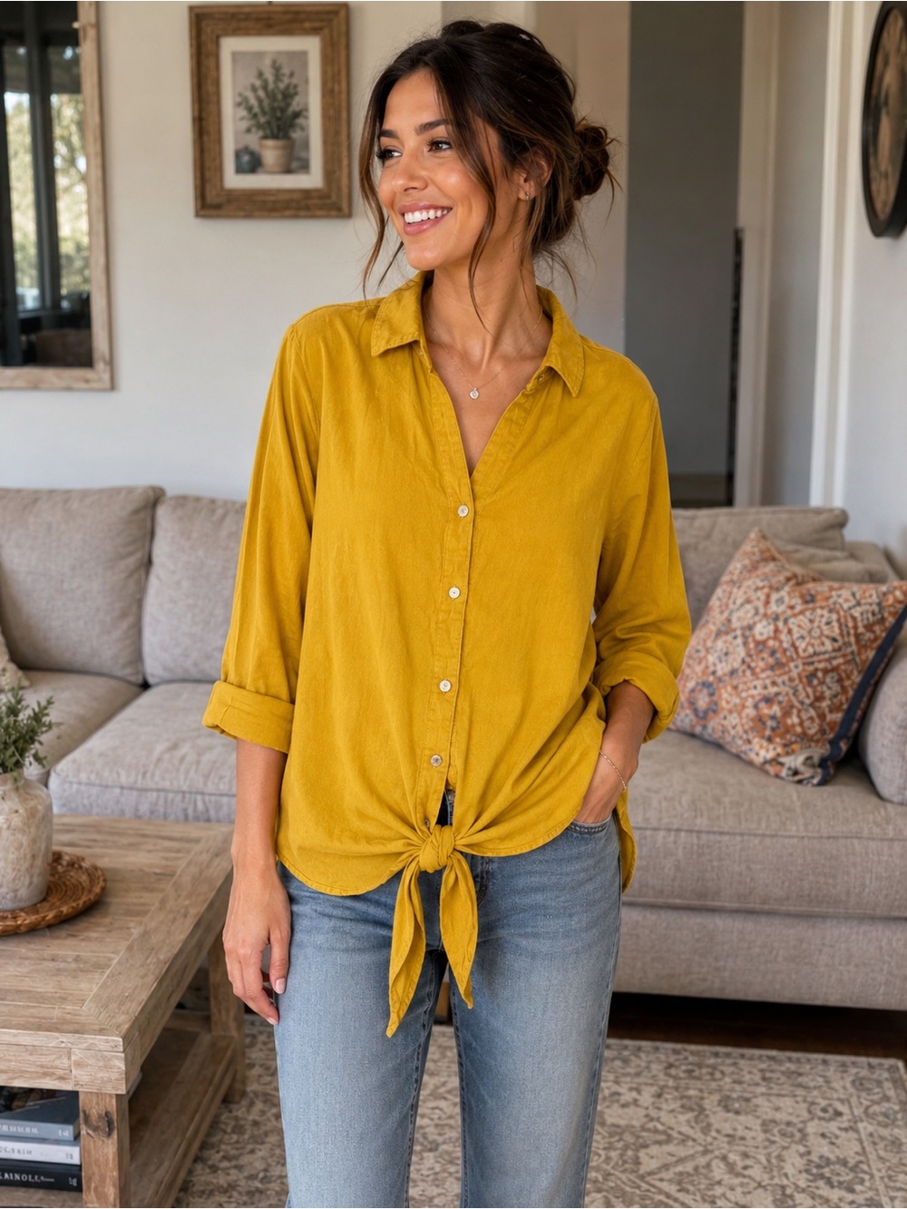 Anne Klein Women's Mustard Tie-Front Button-Up Shirt